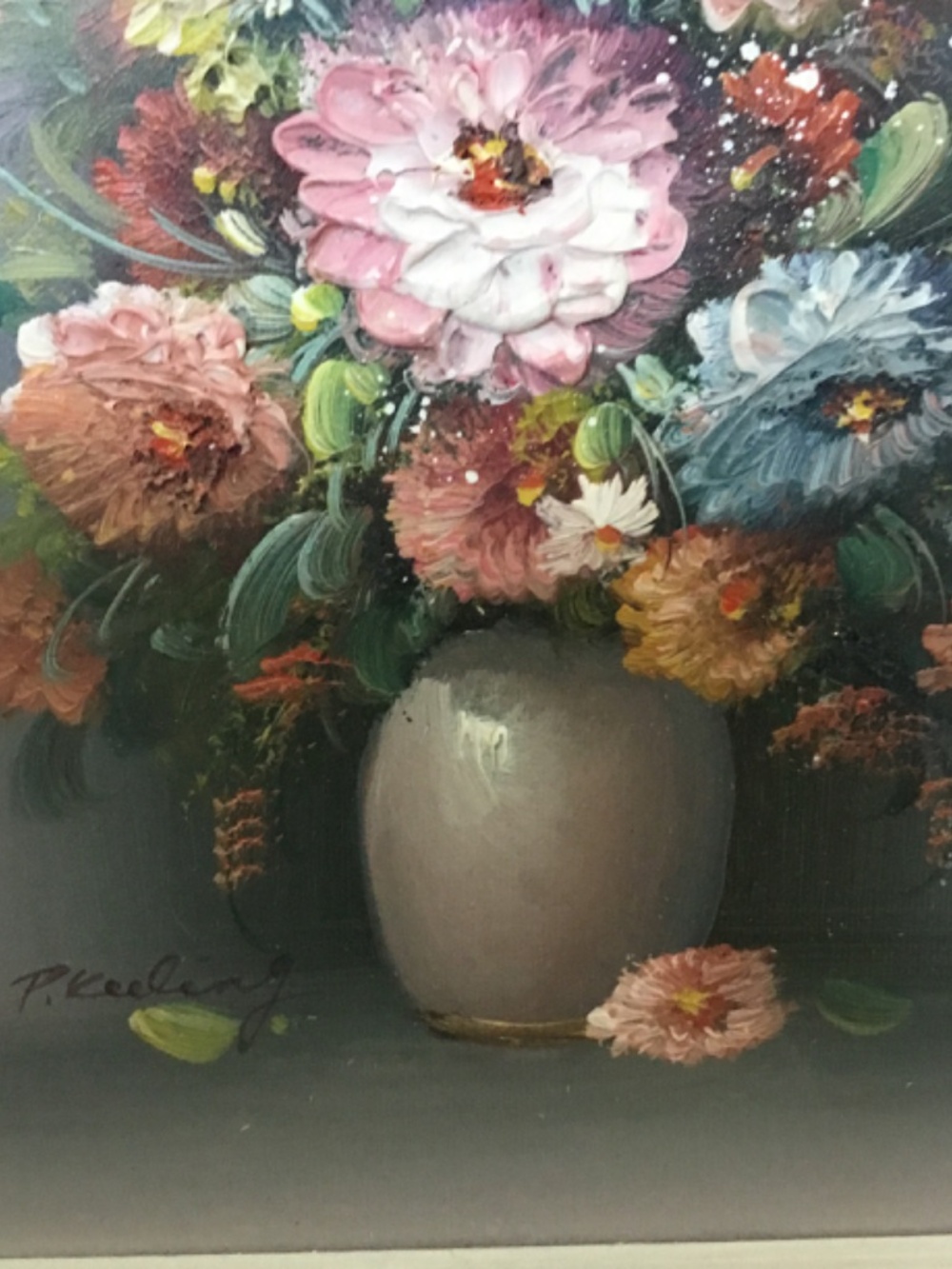 Original Signed Oil Painting on Wood Panel "P. Keeling” Vintage Floral Still Lif - Picture 3 of 6
